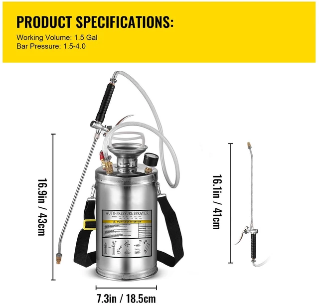 Alt view image 2 of 7 - 1.5Gal Stainless Steel Sprayer, Set with 16" Wand& Handle& 3.3FT Reinforced Hose, Hand Pump Sprayer with Pressure Gauge&Safety Valve, Adjustable Nozzle Suitable for Gardening& Sanitizing