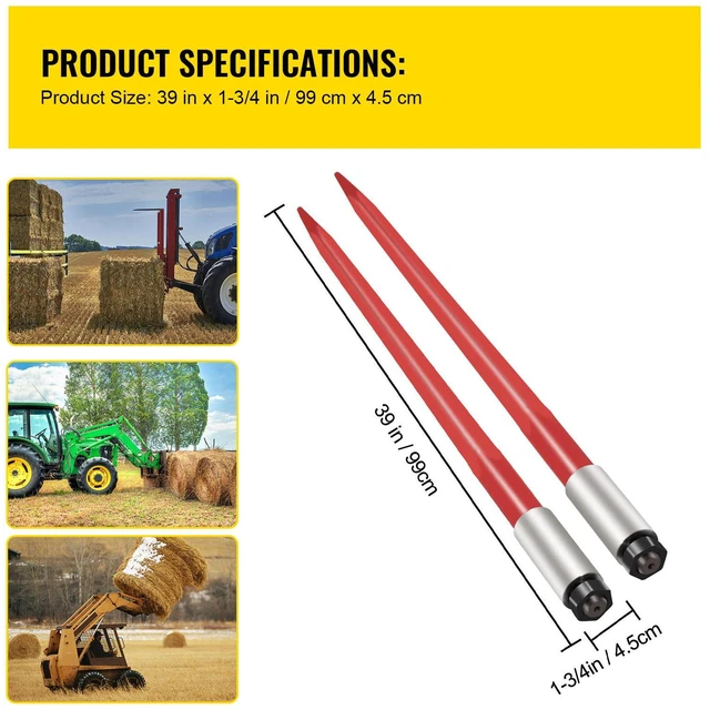 Alt view image 5 of 7 - Pair Hay Spear 39" Bale Spear 3000 lbs Capacity, Bale Spike Quick Attach Square Hay Bale Spears 1 3/4", Red Coated Bale Forks, Bale Hay Spike with Hex Nut & Sleeve for Buckets Tractors Loaders