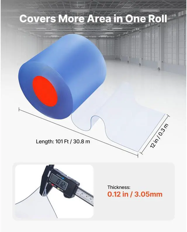 Alt view image 2 of 7 - Clear PVC Strip Curtain, 101 ft Length x 12 in Width, Thermal Insulating Plastic Door Strip Bulk Roll, Walk in Freezer Cooler Curtain Strips for Doorways of Supermarket, Garage, Warehouse