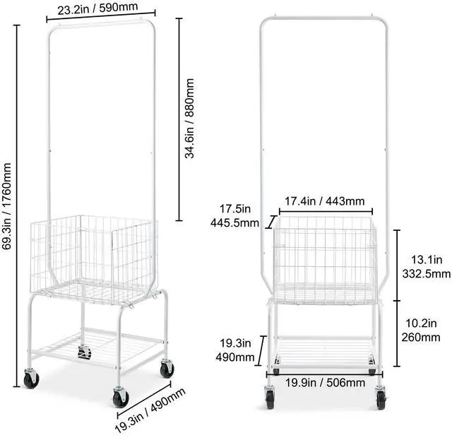 Alt view image 5 of 7 - Metal Rolling Laundry Basket with Hanging Garment Rack, Height Adjustment Laundry Hamper Cart with Basket Load and Shelf Load, Storage Organizer with Heavy Duty Lockable Wheels