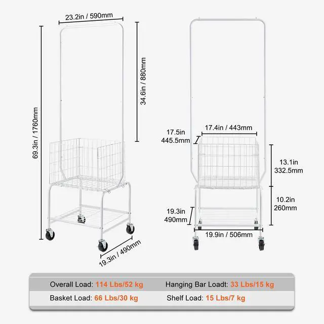 Alt view image 4 of 7 - Metal Rolling Laundry Basket with Hanging Garment Rack, Height Adjustment Laundry Hamper Cart with Basket Load and Shelf Load, Storage Organizer with Heavy Duty Lockable Wheels