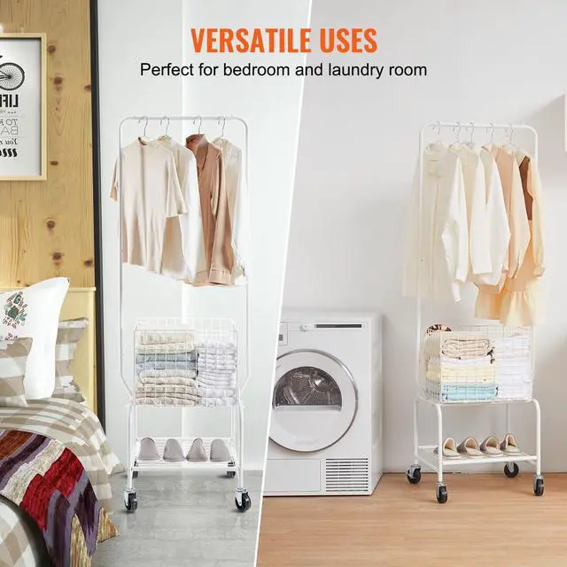 Alt view image 6 of 7 - Metal Rolling Laundry Basket with Hanging Garment Rack, Height Adjustment Laundry Hamper Cart with Basket Load and Shelf Load, Storage Organizer with Heavy Duty Lockable Wheels