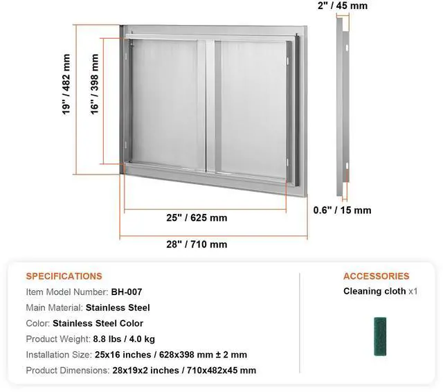 Alt view image 7 of 7 - BBQ Access Door, 28W x 19H Inch Double Outdoor Kitchen Door, Stainless Steel Flush Mount Door, Wall Vertical Door with Recessed Handles , for BBQ Island, Grilling Station, Outside Cabinet