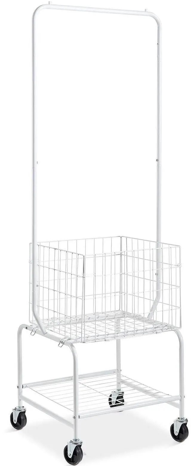 Main image of Metal Rolling Laundry Basket with Hanging Garment Rack, Height Adjustment Laundry Hamper Cart with Basket Load and Shelf Load, Storage Organizer with Heavy Duty Lockable Wheels