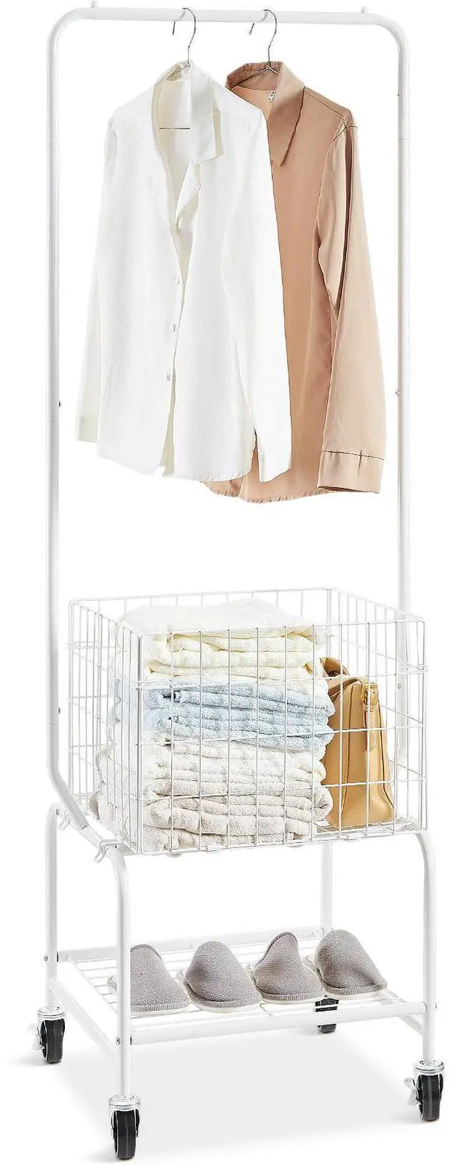 Alt view image 7 of 7 - Metal Rolling Laundry Basket with Hanging Garment Rack, Height Adjustment Laundry Hamper Cart with Basket Load and Shelf Load, Storage Organizer with Heavy Duty Lockable Wheels