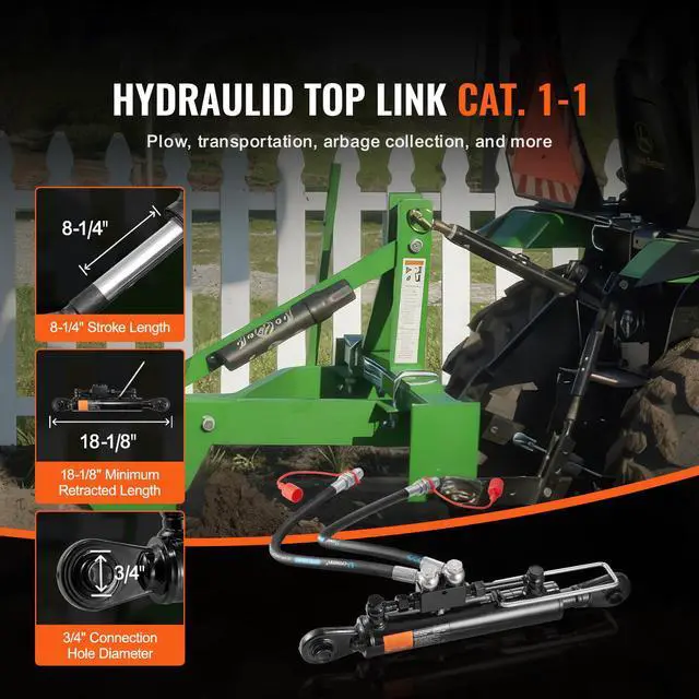 Alt view image 6 of 7 - Hydraulic Top Link Cat.1-1 (8-1/4 in, 18-1/8~26-3/8 in ), Hydraulic Cylinder with 2 Hoses & G3/8" Check Valve
