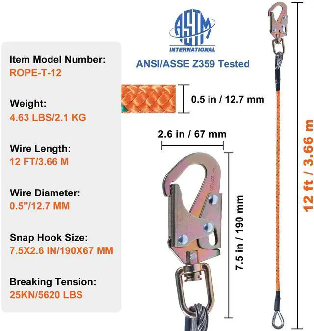 Alt view image 3 of 7 - Steel Core flipline, 1/2" x 12' Arborist Flipline, Flip Line for Tree Climbing with Alloy Steel Snap Hook, Aluminum Alloy Carabiner and Extra Tool Lanyard, for Arborist, Tree Climbers