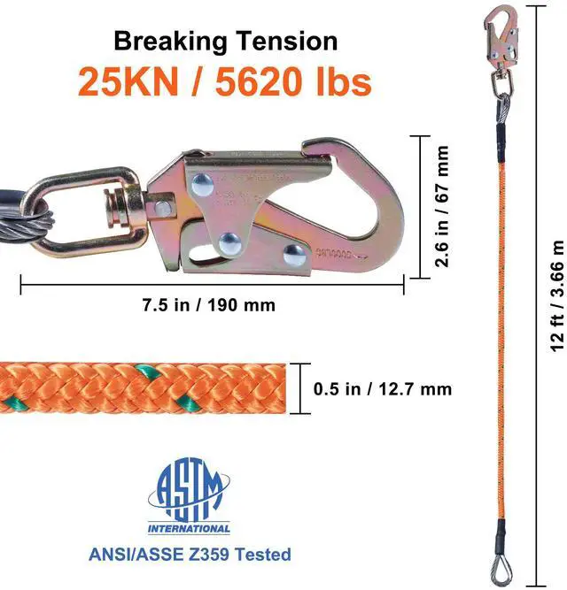 Alt view image 4 of 7 - Steel Core flipline, 1/2" x 12' Arborist Flipline, Flip Line for Tree Climbing with Alloy Steel Snap Hook, Aluminum Alloy Carabiner and Extra Tool Lanyard, for Arborist, Tree Climbers