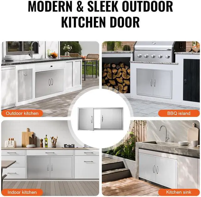 Alt view image 6 of 6 - BBQ Access Door, 42W x 21H Inch Double Outdoor Kitchen Door, Stainless Steel Flush Mount Door, Wall Vertical Door with Handles, for BBQ Island, Grilling Station, Outside Cabinet