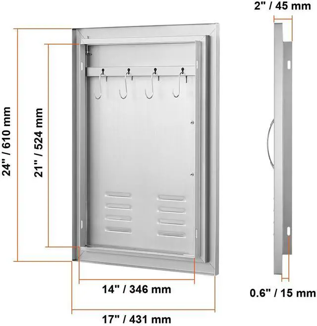 Alt view image 6 of 7 - BBQ Access Door, 17W x 24H Inch Single Outdoor Kitchen Door, Stainless Steel Flush Mount Door, Wall Vertical Door with Handle, Vents and Hook, for BBQ Island, Grilling Station, Outside Cabinet