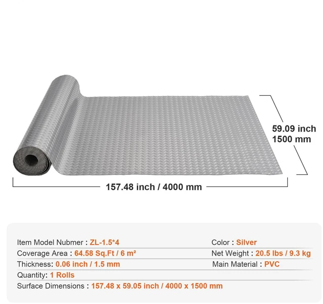 Alt view image 5 of 7 - Garage Floor Mat 4.9x13ft Vinyl Garage Flooring Roll Anti-Slide Diamond Texture Silver Garage Mats for Under Car 63.7sqft Covering Space DIY PVC Garage Floor Mat for Gyms Boats Car Trailer