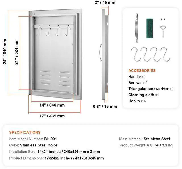 Alt view image 5 of 7 - BBQ Access Door, 17W x 24H Inch Single Outdoor Kitchen Door, Stainless Steel Flush Mount Door, Wall Vertical Door with Handle, Vents and Hook, for BBQ Island, Grilling Station, Outside Cabinet