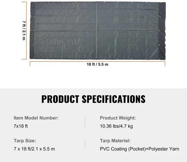 Alt view image 5 of 7 - Dump Truck Mesh Tarp, 7 x 18 ft, PVC Coated Black Heavy Duty Cover with 5.5" 18oz Double Pocket, Brass Grommets, Reinforced Double Needle Stitch Webbing Fits Manual or Electric Dump Truck System