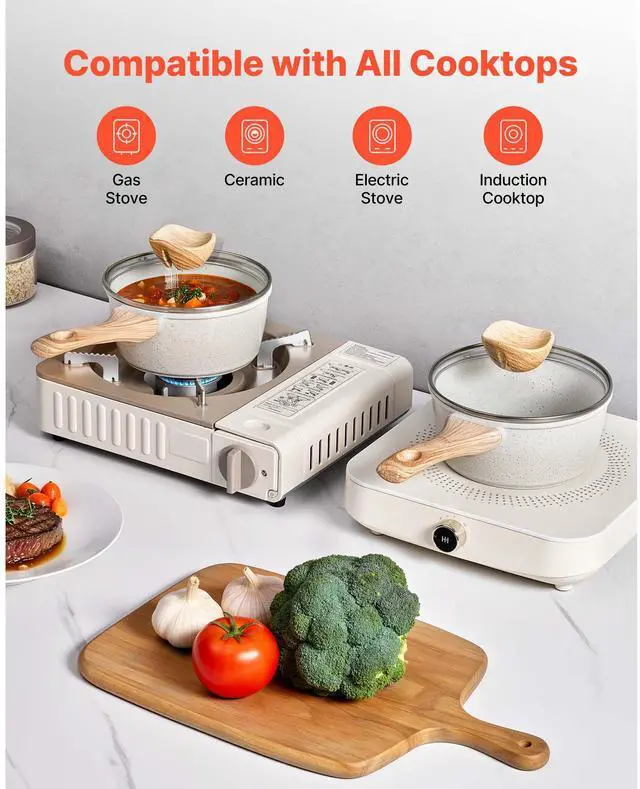Alt view image 5 of 7 - 1.5 QT Saucepan, Nonstick Saucepan with Tempered Glass Lid, Multipurpose Cooking Sauce Pot with Detachable Handle, Sauce Pan Small Kitchen Cooking Pot with Coating, Induction Compatible, White