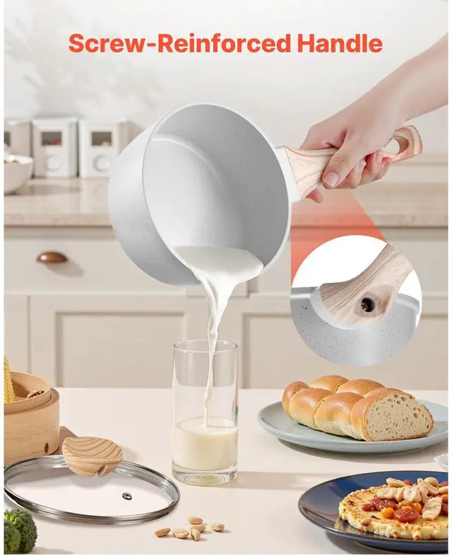 Alt view image 7 of 7 - 1.5 QT Saucepan, Nonstick Saucepan with Tempered Glass Lid, Multipurpose Cooking Sauce Pot with Detachable Handle, Sauce Pan Small Kitchen Cooking Pot with Coating, Induction Compatible, White