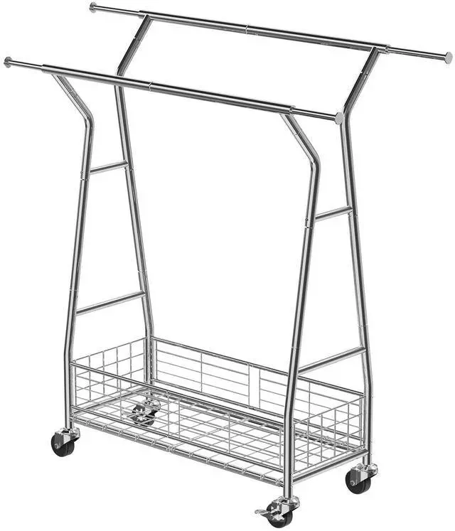 Alt view image 2 of 7 - Clothes Rack, Rolling Clothing Garment Rack with 2 Hanging Rods and Storage Basket, 330 lbs Load Capacity, Extendable Carbon Steel Clothing Racks with Wheels for Bedroom, Laundry, Living Room