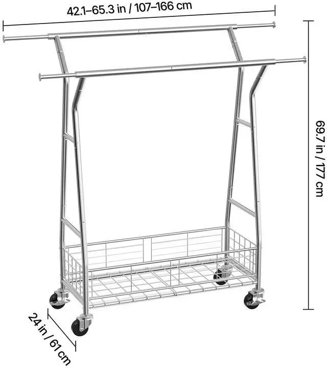 Alt view image 3 of 7 - Clothes Rack, Rolling Clothing Garment Rack with 2 Hanging Rods and Storage Basket, 330 lbs Load Capacity, Extendable Carbon Steel Clothing Racks with Wheels for Bedroom, Laundry, Living Room