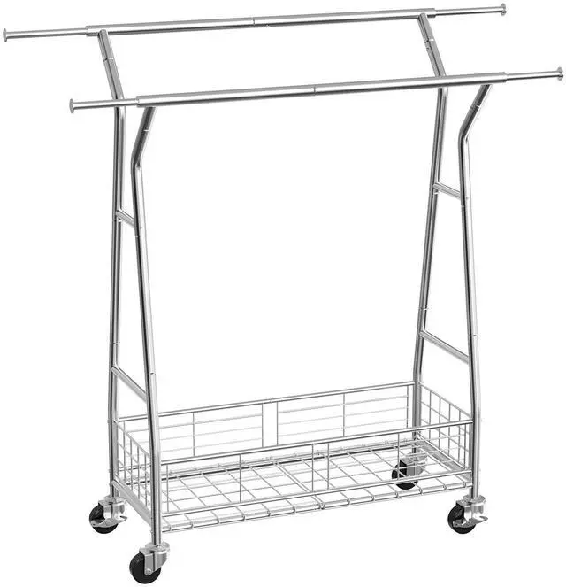 Main image of Clothes Rack, Rolling Clothing Garment Rack with 2 Hanging Rods and Storage Basket, 330 lbs Load Capacity, Extendable Carbon Steel Clothing Racks with Wheels for Bedroom, Laundry, Living Room