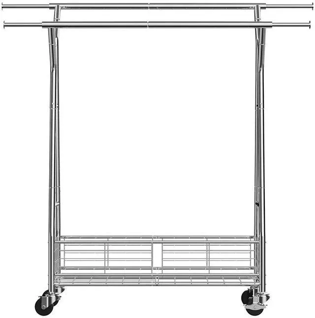Alt view image 6 of 7 - Clothes Rack, Rolling Clothing Garment Rack with 2 Hanging Rods and Storage Basket, 330 lbs Load Capacity, Extendable Carbon Steel Clothing Racks with Wheels for Bedroom, Laundry, Living Room