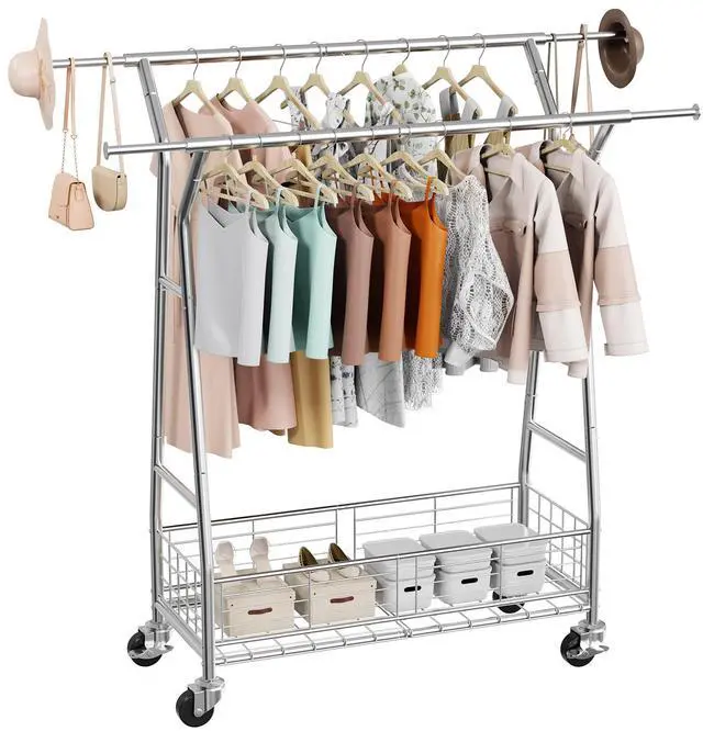 Alt view image 4 of 7 - Clothes Rack, Rolling Clothing Garment Rack with 2 Hanging Rods and Storage Basket, 330 lbs Load Capacity, Extendable Carbon Steel Clothing Racks with Wheels for Bedroom, Laundry, Living Room
