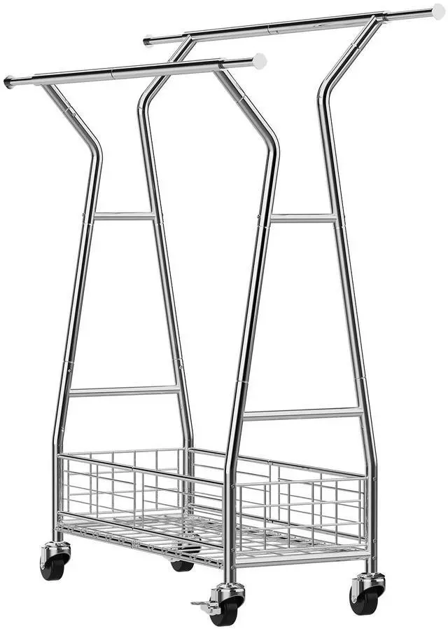 Alt view image 5 of 7 - Clothes Rack, Rolling Clothing Garment Rack with 2 Hanging Rods and Storage Basket, 330 lbs Load Capacity, Extendable Carbon Steel Clothing Racks with Wheels for Bedroom, Laundry, Living Room