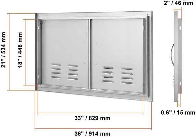 Alt view image 7 of 7 - BBQ Access Door, 36W x 21H Inch Double Outdoor Kitchen Door, Stainless Steel Flush Mount Door, Wall Vertical Door with Handles and Vents, for BBQ Island, Grilling Station, Outside Cabinet