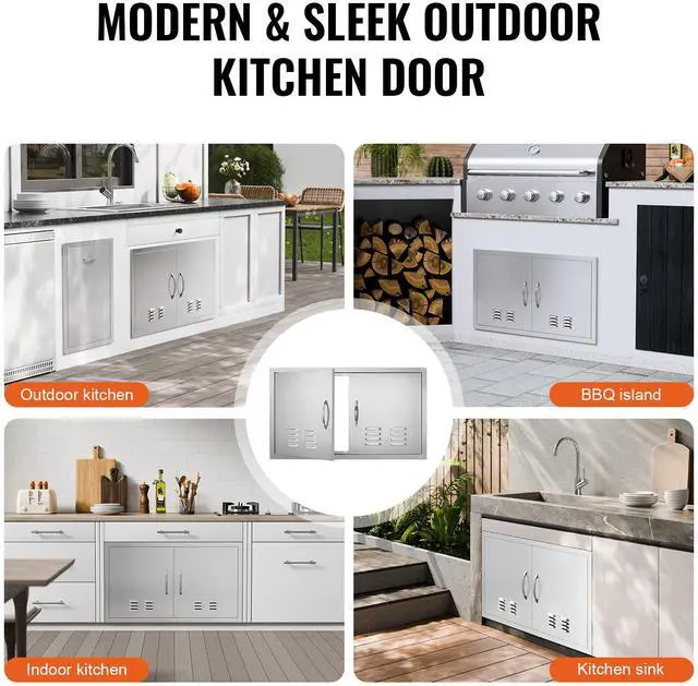 Alt view image 6 of 7 - BBQ Access Door, 36W x 21H Inch Double Outdoor Kitchen Door, Stainless Steel Flush Mount Door, Wall Vertical Door with Handles and Vents, for BBQ Island, Grilling Station, Outside Cabinet