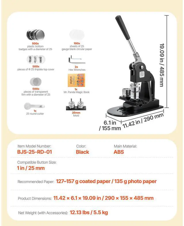 Alt view image 2 of 5 - Button Maker Machine, 1 in, Pin Maker Machine with 500pcs Button Parts, Circle Cutter, Hex Wrenches and Magic Book, Ergonomic Handle, for DIY Badges, Personalized Pins and Key Chains, Black