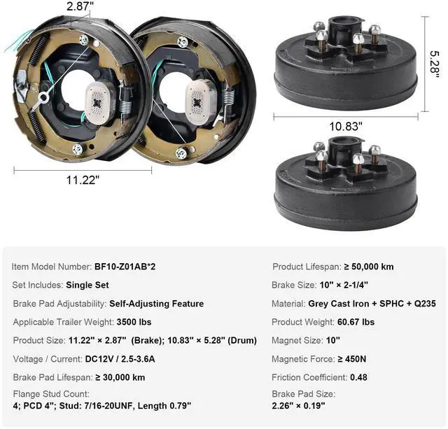 Alt view image 2 of 7 - Trailer Hub Drum Kits 5 on 4.5" B.C. with 10" x 2-1/4" Electric Brakes, Self-Adjusting Trailer Brake Assembly for 3500 lbs Axle, 4-Hole Mounting, Backing Plates for Brake System Part Replacement