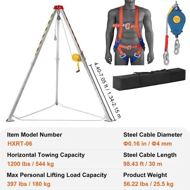 Alt view image 5 of 7 - Confined Space Tripod Kit, Confined Space Tripod 7' Legs and 98' Cable, Confined Space Rescue Tripod 32.8' Fall Protection, 1200 lbs Winch, Harness, Storage Bag