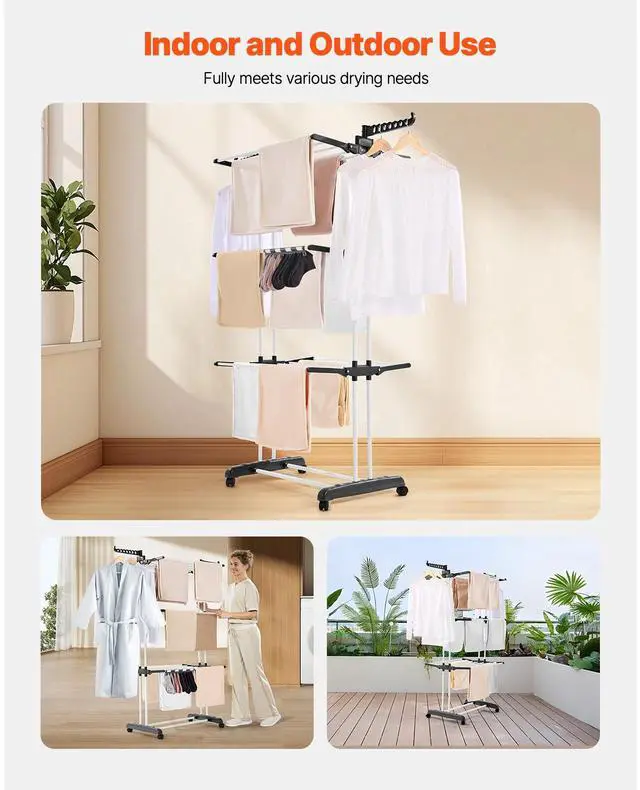 Alt view image 2 of 7 - Clothes Drying Rack, 4-Tier Foldable Laundry Dryer Rack, Metal Drying Racks with 24 Drying Rods, Free-Standing and Portable Hanger with 4 Castors and Two Side Wings for Outdoor & Indoor Use