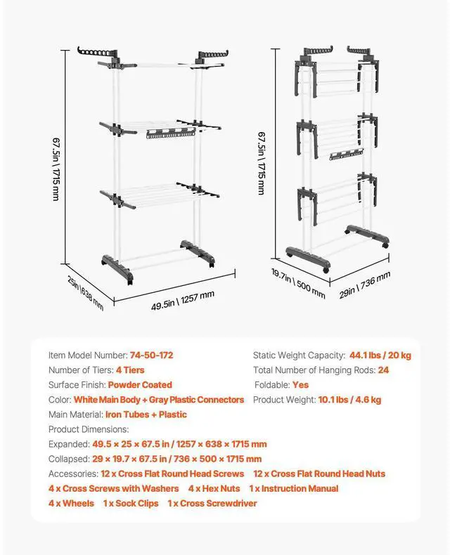 Alt view image 3 of 7 - Clothes Drying Rack, 4-Tier Foldable Laundry Dryer Rack, Metal Drying Racks with 24 Drying Rods, Free-Standing and Portable Hanger with 4 Castors and Two Side Wings for Outdoor & Indoor Use