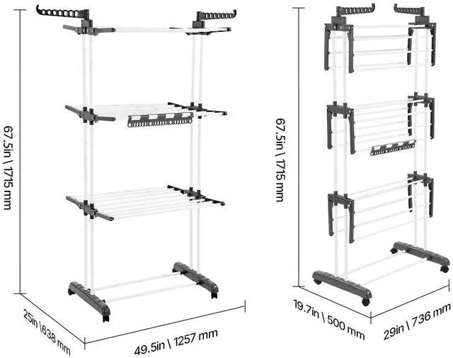 Alt view image 4 of 7 - Clothes Drying Rack, 4-Tier Foldable Laundry Dryer Rack, Metal Drying Racks with 24 Drying Rods, Free-Standing and Portable Hanger with 4 Castors and Two Side Wings for Outdoor & Indoor Use