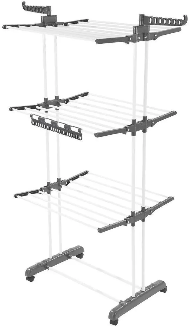 Alt view image 5 of 7 - Clothes Drying Rack, 4-Tier Foldable Laundry Dryer Rack, Metal Drying Racks with 24 Drying Rods, Free-Standing and Portable Hanger with 4 Castors and Two Side Wings for Outdoor & Indoor Use