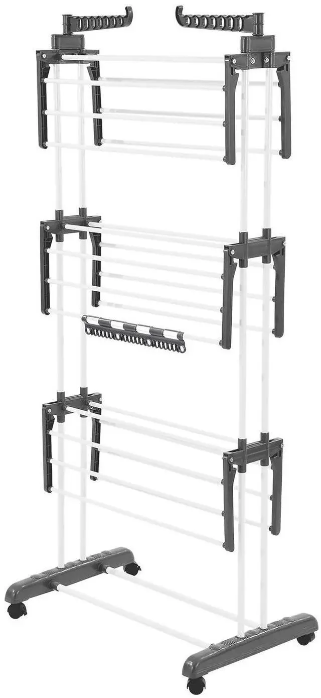 Alt view image 6 of 7 - Clothes Drying Rack, 4-Tier Foldable Laundry Dryer Rack, Metal Drying Racks with 24 Drying Rods, Free-Standing and Portable Hanger with 4 Castors and Two Side Wings for Outdoor & Indoor Use