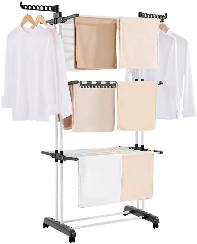 Alt view image 7 of 7 - Clothes Drying Rack, 4-Tier Foldable Laundry Dryer Rack, Metal Drying Racks with 24 Drying Rods, Free-Standing and Portable Hanger with 4 Castors and Two Side Wings for Outdoor & Indoor Use