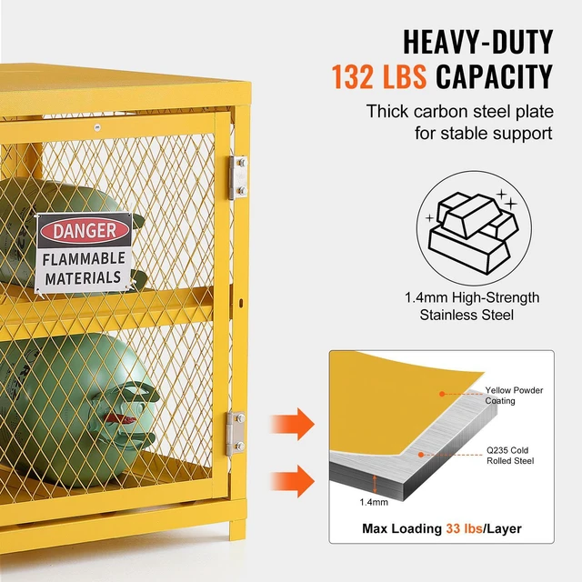 Alt view image 4 of 7 - Horizontal Cylinder Storage Cabinet, 4 x 33 lbs Cylinder Capacity, 31.02x30.04x35 inch Propane Storage Cage, Gas Cylinder Cabinet, Yellow Powder Coat Finish, for Freon, Gases, Oxygen, Nitrogen