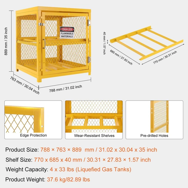 Alt view image 6 of 7 - Horizontal Cylinder Storage Cabinet, 4 x 33 lbs Cylinder Capacity, 31.02x30.04x35 inch Propane Storage Cage, Gas Cylinder Cabinet, Yellow Powder Coat Finish, for Freon, Gases, Oxygen, Nitrogen