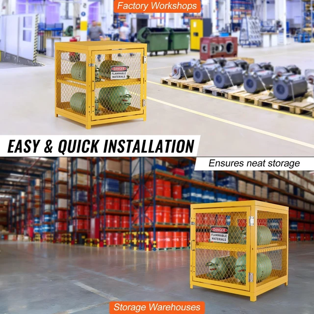 Alt view image 7 of 7 - Horizontal Cylinder Storage Cabinet, 4 x 33 lbs Cylinder Capacity, 31.02x30.04x35 inch Propane Storage Cage, Gas Cylinder Cabinet, Yellow Powder Coat Finish, for Freon, Gases, Oxygen, Nitrogen