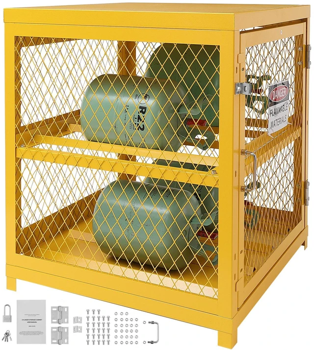 Alt view image 5 of 7 - Horizontal Cylinder Storage Cabinet, 4 x 33 lbs Cylinder Capacity, 31.02x30.04x35 inch Propane Storage Cage, Gas Cylinder Cabinet, Yellow Powder Coat Finish, for Freon, Gases, Oxygen, Nitrogen