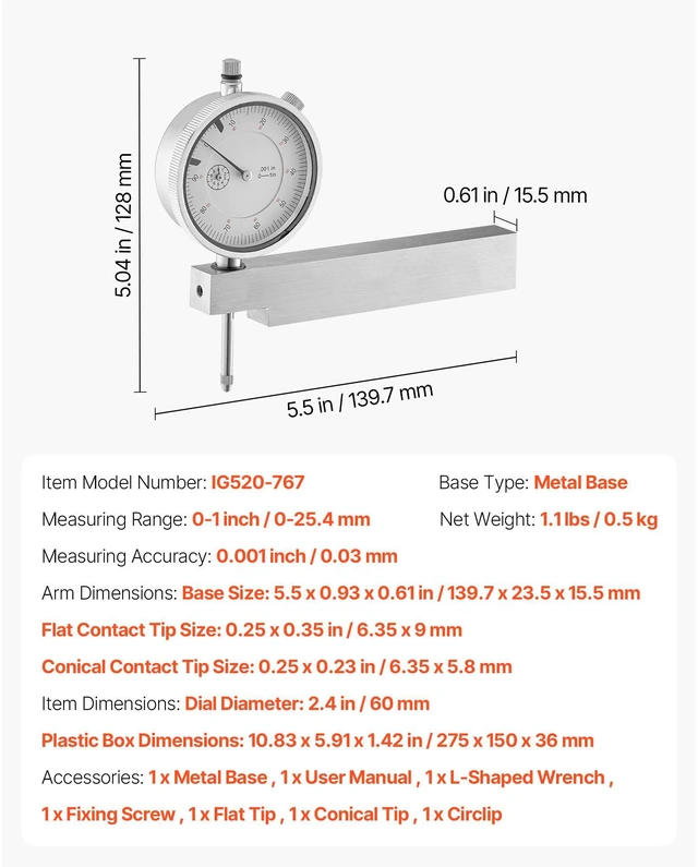 Alt view image 7 of 7 - Dial Test Indicator with Metal Base, 0.001 inch Accuracy, 0-1 inch Range, Easy to Read Large Dial, Professional for Narrow Area Measurement, Industrial Machining & Inspection, Precision Testing