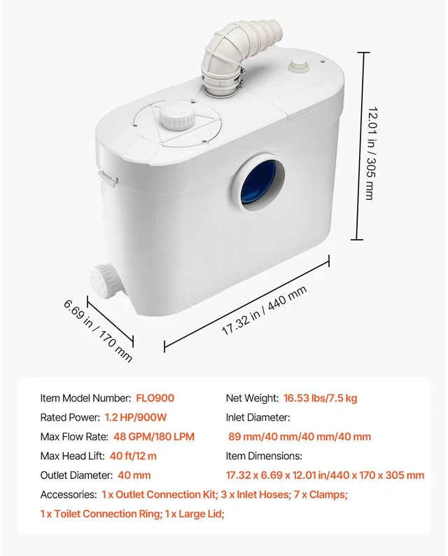 Alt view image 5 of 7 - Macerator Pump 900W 48 GPM Flow 40 ft Head Lift Pump for Toilet Basement Sink