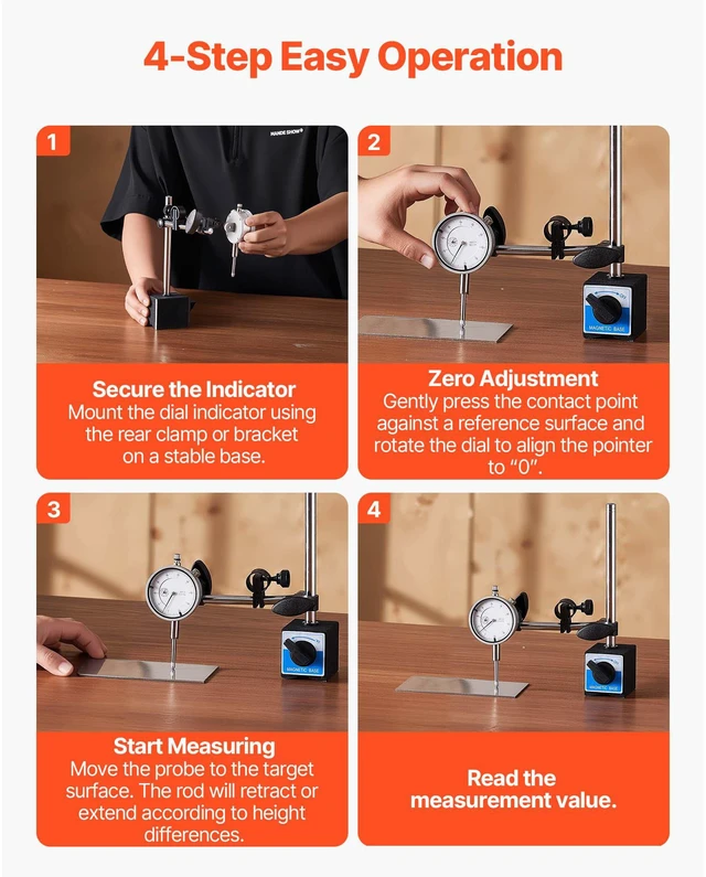 Alt view image 6 of 7 - Dial Test Indicator, 0.001 inch Accuracy, 0-1 inch Measuring Range, Easy to Read Large Dial, Professional for Internal Diameter Measurement, Runout Detection, Flatness Inspection
