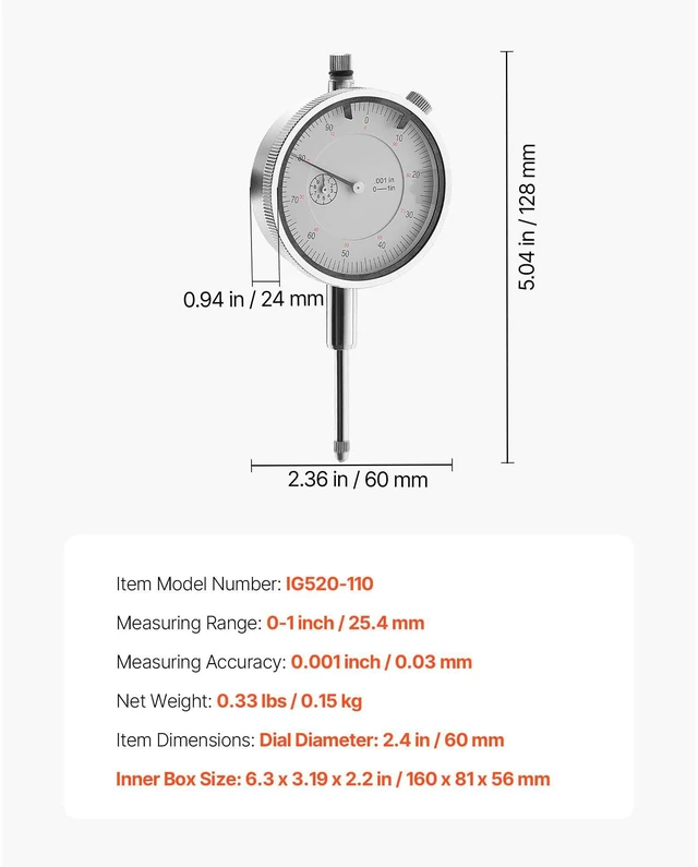 Alt view image 7 of 7 - Dial Test Indicator, 0.001 inch Accuracy, 0-1 inch Measuring Range, Easy to Read Large Dial, Professional for Internal Diameter Measurement, Runout Detection, Flatness Inspection