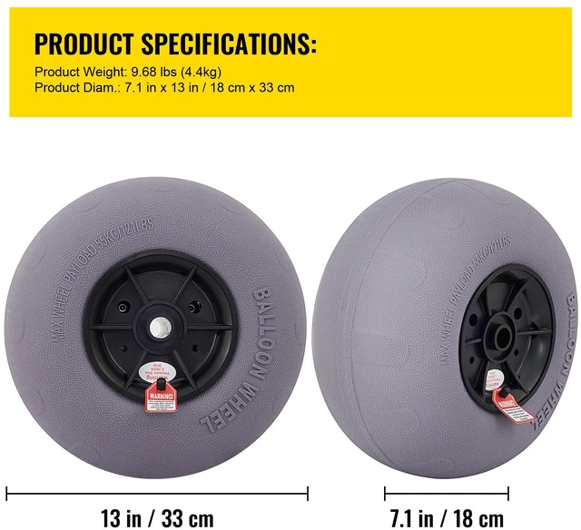 Alt view image 7 of 7 - Beach Balloon Wheels, 13" Replacement Sand Tires, TPU Cart Tires for Kayak Dolly, Canoe Cart and Buggy w/Free Air Pump, 2-Pack