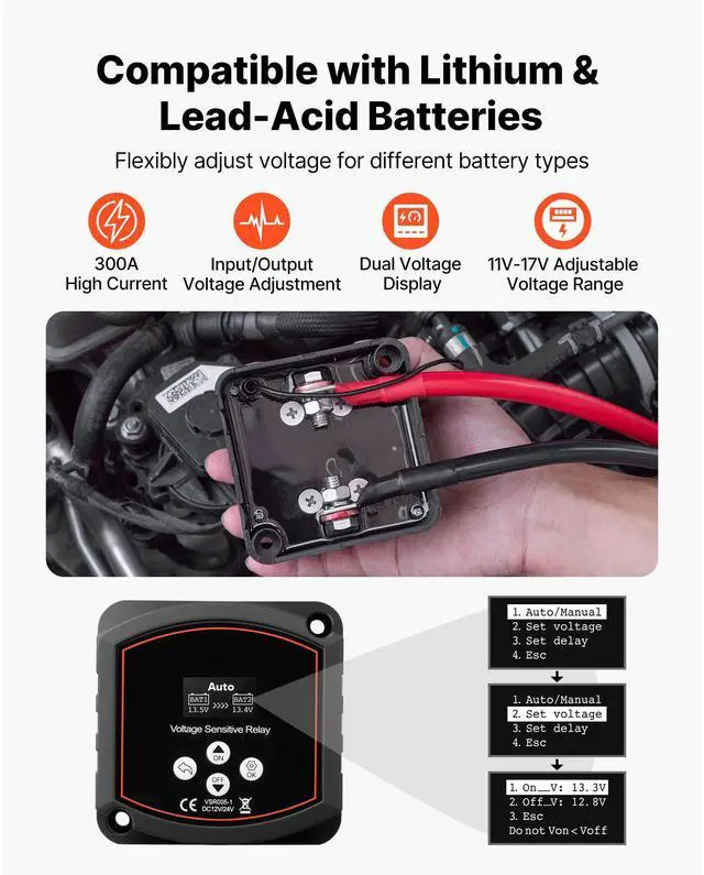 Alt view image 6 of 7 - Dual Battery Isolator Kit, 12V 300 Amp 20 ft 2AWG, Manual and Automatic VSR Voltage Sensitive Relay with Voltmeter, LCD Screen, Smart Battery Isolator, Compatible with Lithium Batteries, for UTV