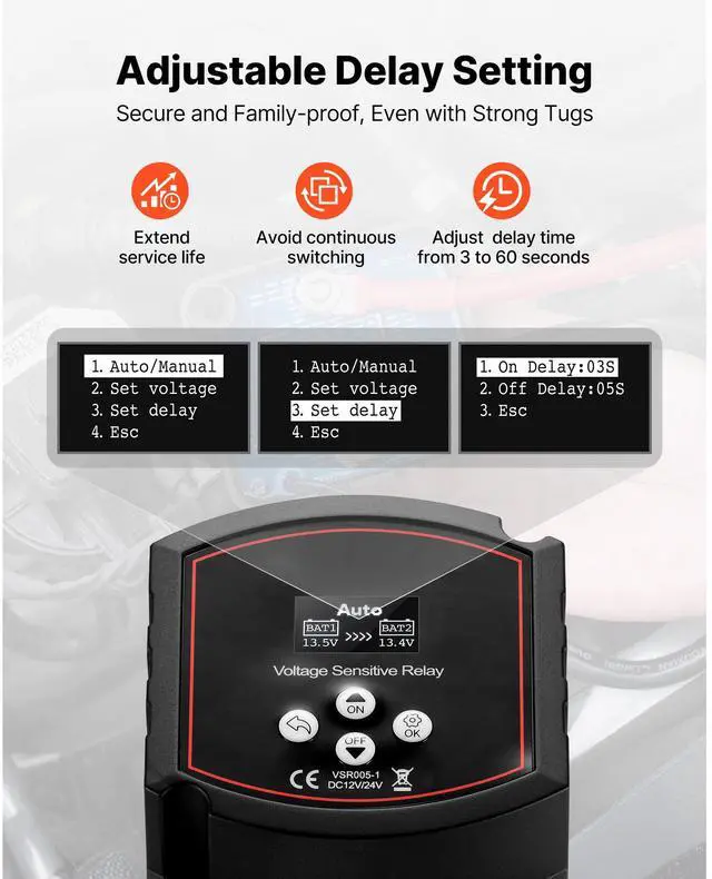 Alt view image 7 of 7 - Dual Battery Isolator Kit, 12V 300 Amp 20 ft 2AWG, Manual and Automatic VSR Voltage Sensitive Relay with Voltmeter, LCD Screen, Smart Battery Isolator, Compatible with Lithium Batteries, for UTV