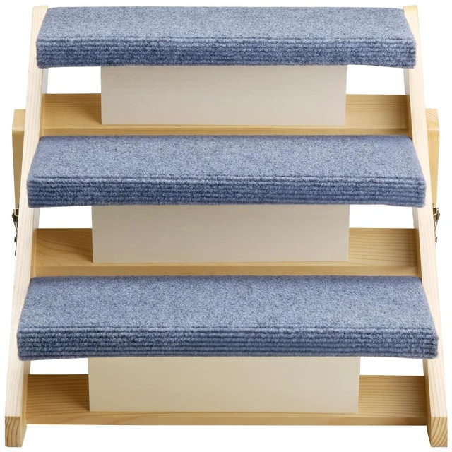 Alt view image 2 of 7 - Wood Pet Stairs, 3-Step Dog Stairs for Beds, Sofa & Cars, 150lbs Load Capacity, Floded Flat Design, Stable & Sturdy Cat & Dog Step Ladder for Small Medium Large Older Pet Puppy Essentials
