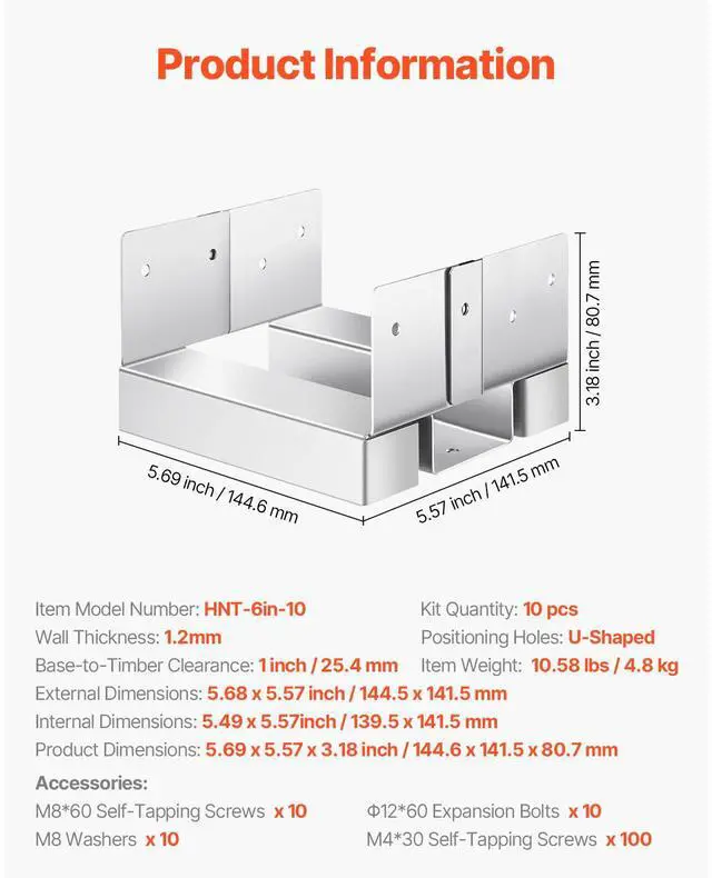 Alt view image 7 of 7 - 10 Pcs 6x6 Post Base Bracket Post Anchor for Concrete Inner Size 5.49x5.57 in