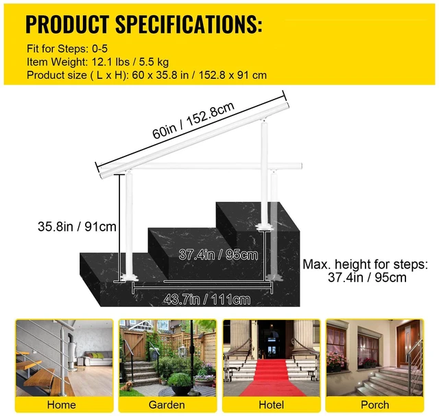 Alt view image 3 of 7 - Outdoor Stair Railing Kit, 5 FT Handrails 0-5 Steps, Adjustable Angle White Aluminum Stair Hand Rail for The Elderly, Handrails for Outdoor Steps